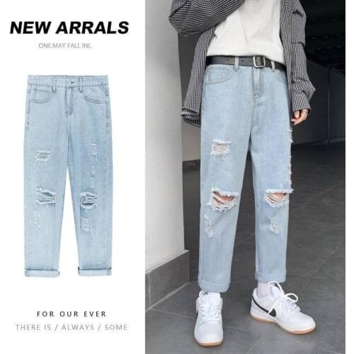 New Mens Jeans Fashion Ripped Hole Denim Pants Jean Homme Men Distressed Pants Casual Solid Color Long Trousers Men Jeans