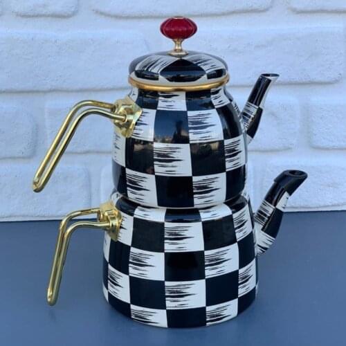 Enamel Gold Luxury Large Teapot Set Checkers Pattern