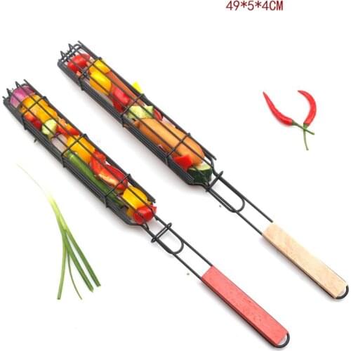 2pcs BBQ Kabob Grilling Basket Reusable Wooden Handle Barbecue Tool Grill Basket Grill Net for Camping Accessories Picnic