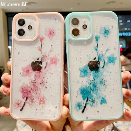 Fashion Glitter Transparent Flower Phone Case For iPhone 12 11 Pro X XS XR Max 7 8 Plus SE2 Soft Candy Bumper Epoxy Back Cover