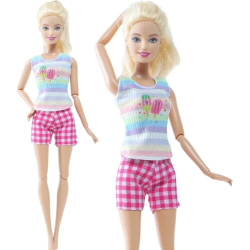 BJDBUS Fashion Doll Outfit Cute Pattern Vest T-shirt Pink Lattice Short Pants Summer Beach Wear Swimsuit Clothes for Barbie Doll