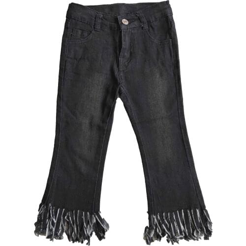 New Baby Girls Jeans Long Bleached Tassel Vintage Black Denim Pants High Waisted For Teen Kids