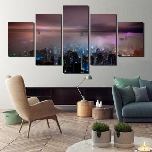 Bustling Fog-shrouded City Night View Colorful Lights Top View Canvas Print Poster Frameless Painting Living Room Decoration
