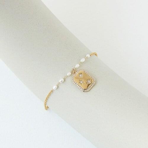 Natural Pearl Star Square Inlaid Zircon Brass Gold Plated Pendant Vintage Style Womens Baroque Necklace