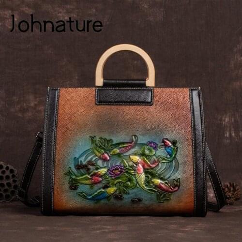 Johnature Luxury Handbag 2021 New Genuine Leather Vintage Women Bag Fish Embossed Handmade Cowhide Large Capacity Shoulder Bags