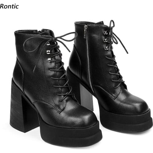 Rontic Fashion Women Winter Platform Ankle Boots Cow Leather Side Zipper Chunky Heels Round Toe Black Party Shoes US Size 5-10.5