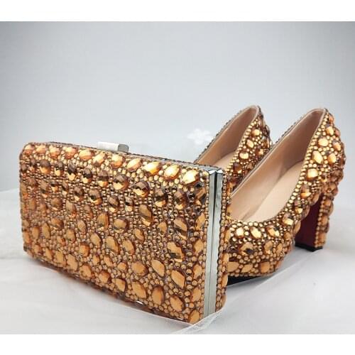 9cm Thick Heel Women wedding shoes crystal party shoes with matching bags fashion platform shoes Round Toe Golden dress shoes