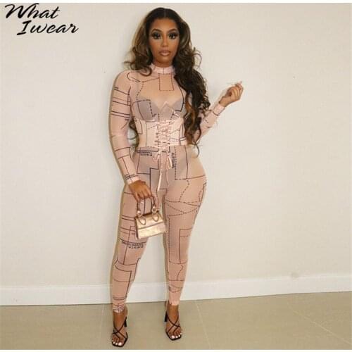 Whatiwear 2021 Aesthetics Print Mesh Jumpsuit Women Skinny See Through Bandage Overall Female High Waist One Piece Streetwear