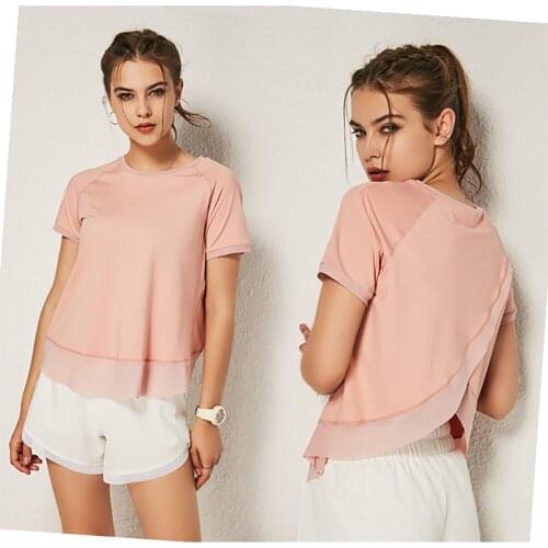 Women Loose Quick Dry Sport Short Sleeve Slim Running Workout Smock Petals Hem Cross Back Crop Top For Fitness Yoga Shirt