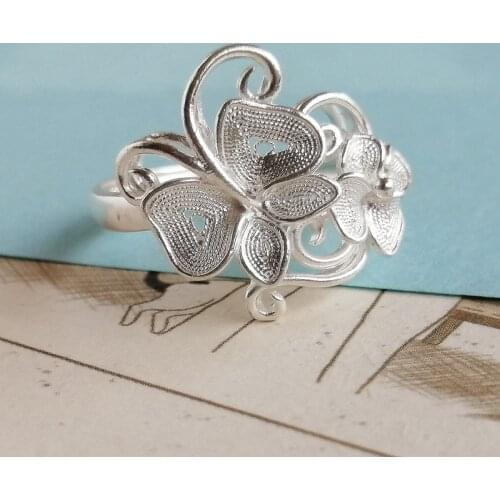 Butterfly 999 Sterling Silver Rings For Women Engagement Ring Flower Adjustable Handmade Luxury Jewelry Boho Ethnic Miao Silver