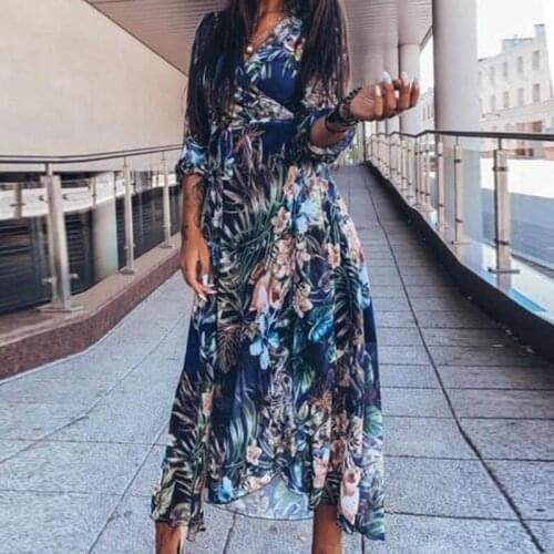 Womens Dress Floral Print Casual Fashion Long Sleeve Off Shoulder V-neck Mid-calf Long Dress