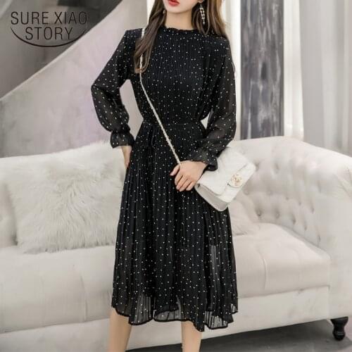 2021 New Korean Fashion Women Long Sleeved Polka Dot Pleated Dress Black Vintage Clothes Spring Lady Long Chiffon Dress 3670 50