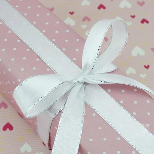 25 Yards/roll) White Silver Edge Satin Ribbon Wholesale Gift Christmas ribbons Handmade DIY (6/10/25mm)Width