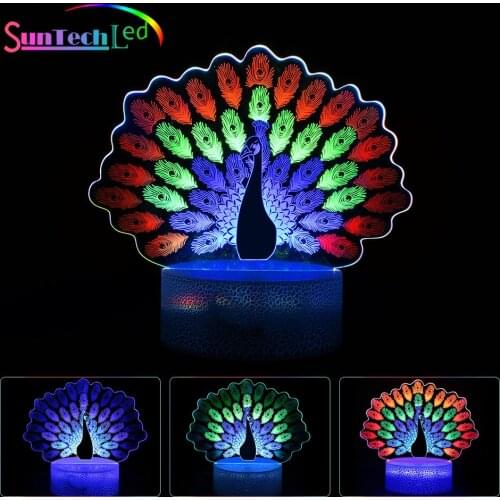 Suntech Peacock 3D Night Light, Touch Control Illusion LED Night Lamp,3D Peacock Animal Light Kids Gift Creative Bedroom Decor