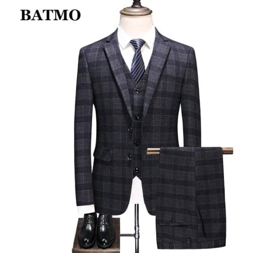 BATMO 2021 new arrival Plaid casual suits men,wedding dress,jackets+pants+vest 8638