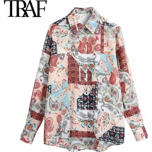 TRAF Women Fashion Paisley Print Loose Blouses Vintage Long Sleeve Button-up Female Shirts Blusas Chic Tops