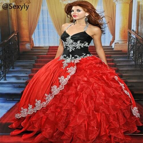 Black And Red Quinceanera Dresses 2021 Halter Neck Organza Ruffles Masquerade Gothic Robe De Mariée Vestidos De 15 Años 2021
