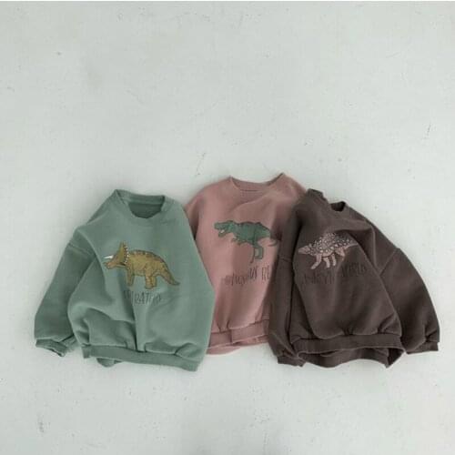 Spring Autumn Baby Girls Boys Sweater Shirt With Fleece Warm Long Sleeve Tops Autumn 2021 Kids Clothing Dinosaur Print Hoodies