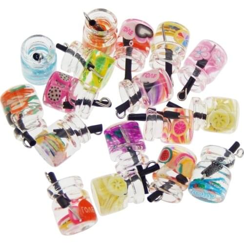 Julie Wang 10PCS Glass Bottle Charms Random Mixed Resin Fuit Flower Juice Pendant Bracelet Jewelry Making Accessory