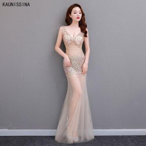 KAUNISSINA Sexy Evening Dress Deep V-Neck Transparent Dresses Woman Party Night Gowns Sleeveless Beads Mermaid Formal Vestidos