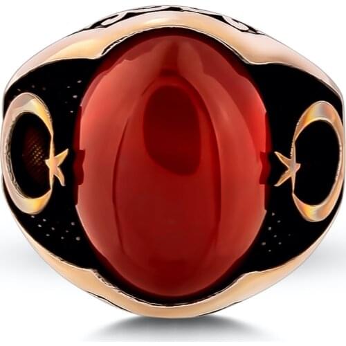 Solid 925 Sterling Silver Oval Red Agate Gemstone Ring Moon Star Motif Ring Turkish Men Jewelry Homemade Men Accessory