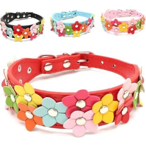 Leather Puppy Pet Dog Collar Cute Cat Neck Strap Necklace With Studded Double Row Flower Fashion