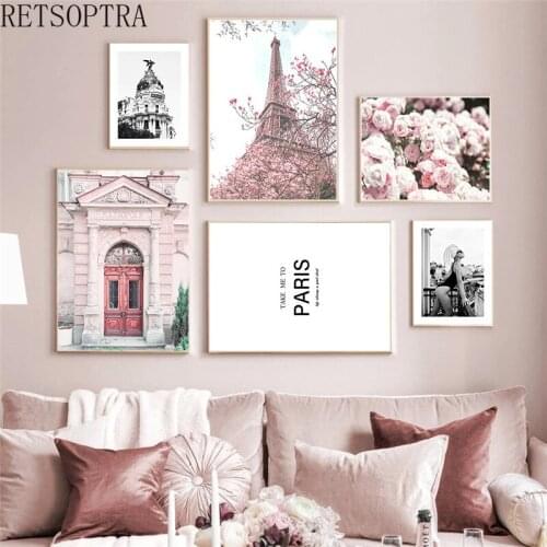 Fashion Architecture Poster Pink Flower Natural Landscape Canvas Wall Art Print Painting Tower Picture Modern Living Room Decor