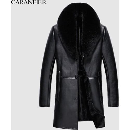 CARANFIER Faux Leather Jacket Mens Winter Velvet Thick Jacket Male Middle-aged Leather Fur Collar Detachable Men Clothing 4xL