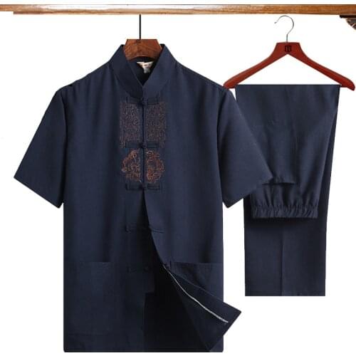 2019 New Embroidery Chinese Mens Cotton Linen Wu Shu Clothing Long Sleeve Shirt & Pant Kung Fu Tai Chi Suit Large Size 4XL