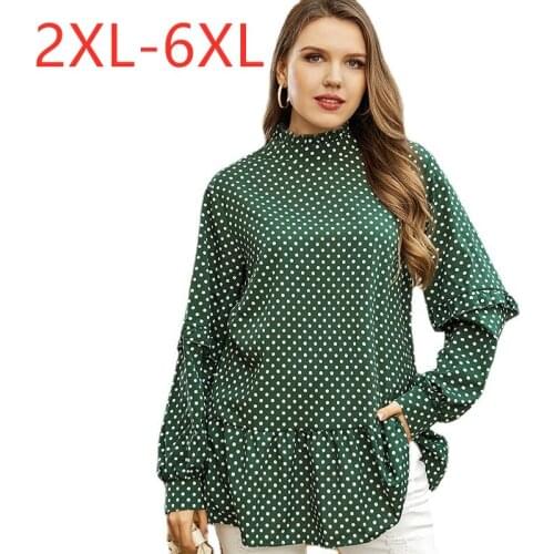 New 2021 Ladies Spring Autumn Plus Size Tops For Women Large Blouse Long Sleeve Loose Green Dot Ruffle Shirt 3XL 4XL 5XL 6XL