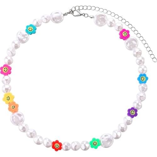 Irregular Imitation Pearls Beaded Necklace for Women Flower Face Clavicle Chain Choker Short Necklaces 2021 Fashion Jewelry