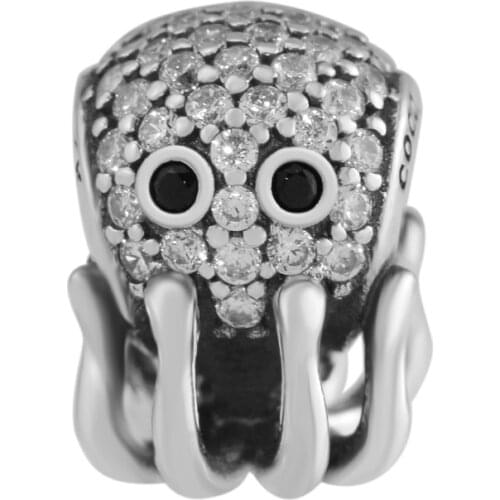 Fits Pandora Charms Bracelets Tropical Octopus Beads with Clear CZ 100% 925 Sterling-Silver-Jewelry Free Shipping
