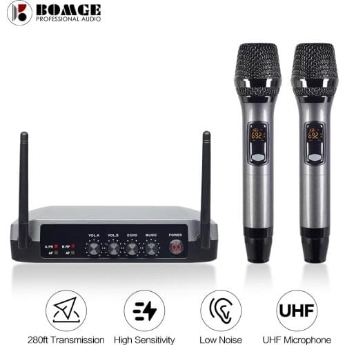 BOMGE Portable UHF Dual Handheld Wireless Microphone Mic with Echo & Bluetooth for TV, Projector, Karaoke Machine