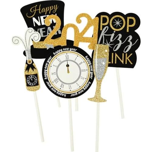 Happy New Year Cake Topper Glitter Letter Cake Toppers Cupcake Flags 2021 New Year Party Supplies Black Gold Cake Decorations