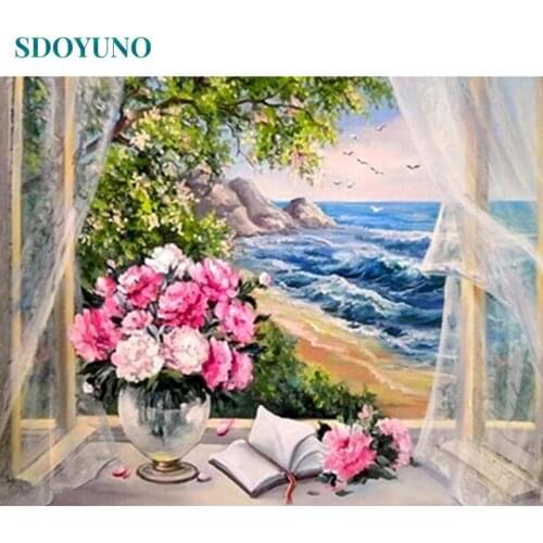SDOYUNO 60x75cm Oil Painting By Numbers Seaside Flowers DIY Paint By Numbers On Canvas Seascape Frameless Digital Painting