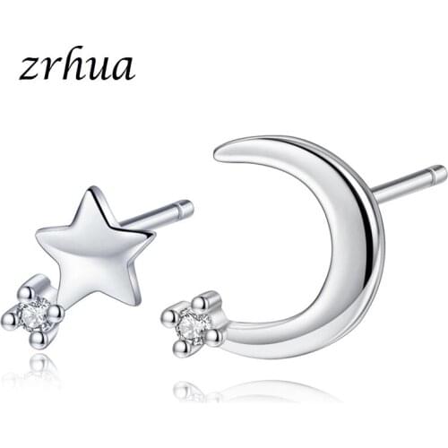 ZRHUA Real Solid Silver Color Beautiful Moon Star Clear Cubic Zirconia Crystal Jewelry Stud Earrings For Women Ladies