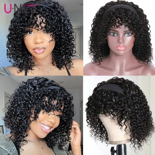 Unice Afro Kinky Curly Headband Wig For Women Full Machine Made Human Hair Wig With Bangs No Glue No Gel Curly Bob Wig with bang