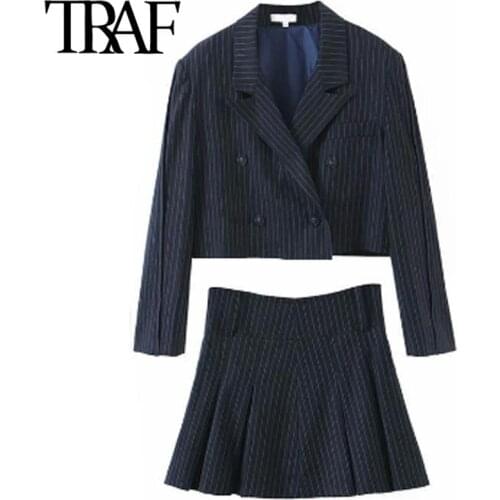 ZHENBAILI Za Woman 2021 Traf Skirts Suits Striped Blazers Office Long Sleeve Single Button Short Blazer+ Mini Skirt Set Coat