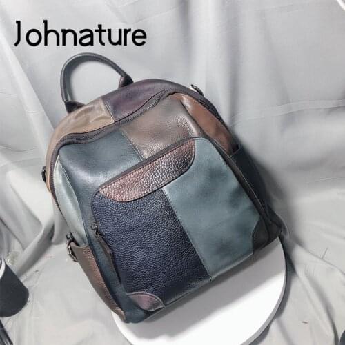 Johnature Panelled Vintage Genuine Leather Mini Backpack 2020 New Leisure Color Stitching Women Travel Backpack Random Color