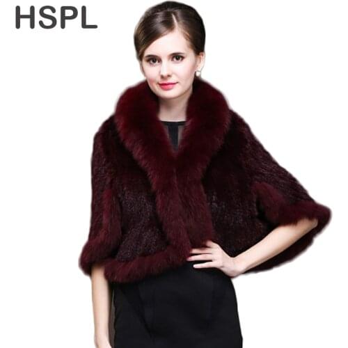 HSPL Wholesale Europe Hot sale Genuine fox fur trim knitted Women mink fur poncho shawl
