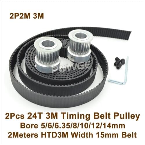POWGE 2pcs 24 Teeth 3M Timing Pulley Bore5/6/6.35/8/10/12/14mm + 2meters HTD3M Belt W=15mm 24T 24Teh 3M Timing Belt Pulley Sets