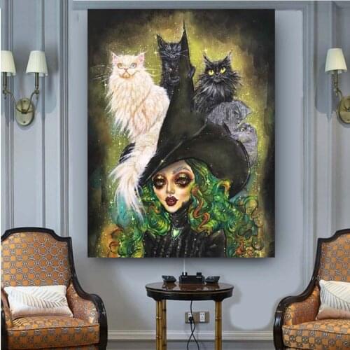 5D Diamond Embroidery Witch and cats Diy Diamond Painting Full Drill Round square Mosaic rhinestone Cross Stitch Halloween I47
