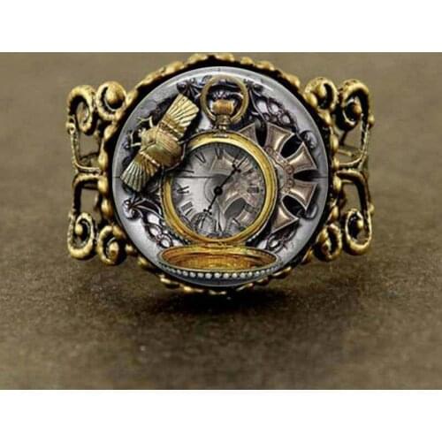 Animals Owl Clock watch beetle Ring chain Jewelry women men gift vintage antique charm steampunk new