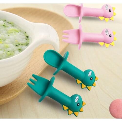 Baby Learning Spoon Fork Set Short Handle Easy Spoon Soft Silicone Utensils Teether Toy Feeding Cutlery Dinosaur Spoon Tableware