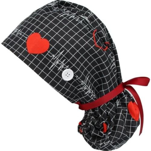 Women Long Hair Working Cap with Sweatband Button Ponytail Tie Back Bouffant Hat