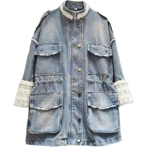 Denim Loose Mid Long Coat Female Lace Spliced Jeans Jacket Women Tops 2020 Big PocketS Autumn Retro Fashion Jackets Female SL08
