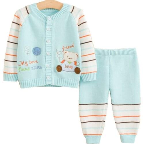 Hot Boys Girls Children Clothes Winter Cartoon Bear Fish Sweater Cardigan Jacket+Striped Pants Clothing Sets for Newborn Baby