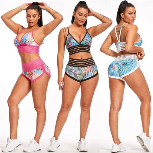 Hot Fitness Women Shorts Workout Sports sleeveless Yoga set Backless Floral Quick Dry Running Gym Female Push Up Shorts Yoga Bra