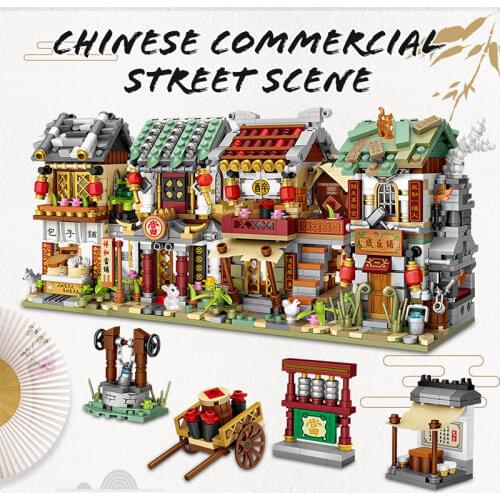 Mini Bricks Sets Street View China Street Bun Shop Pawnshop Bistro Blacksmith Shop Building Blocks Toys for Children
