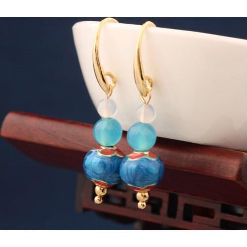 Fashion Antique court cloisonne earrings vintage blue enamel drop earrings for women and girl jewelry серьги